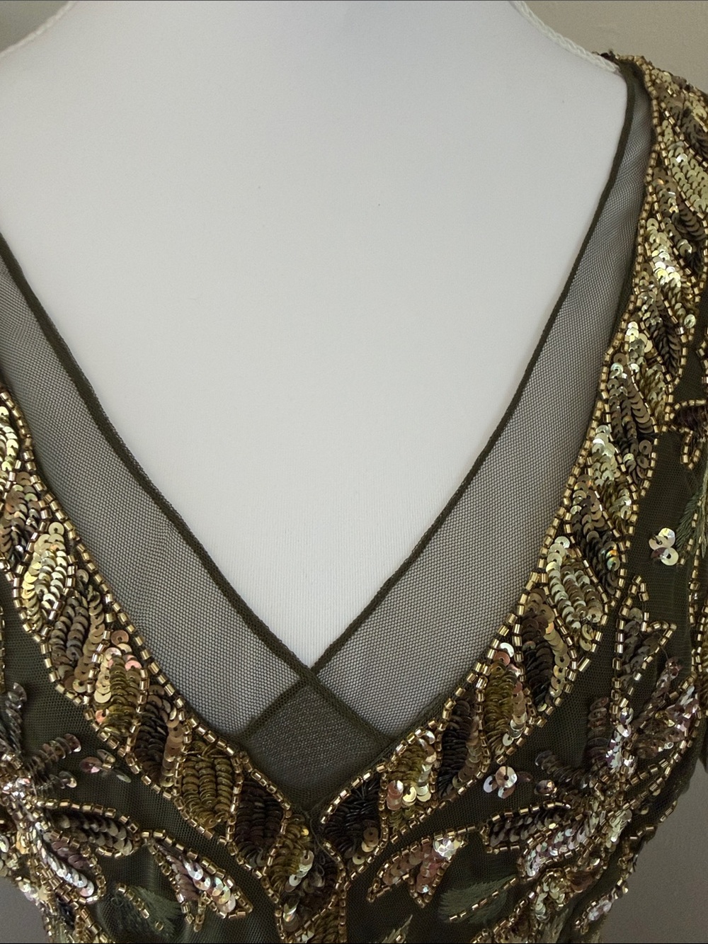 Adrianna Papell Olive Green Maxi Gown with Gold Beading - sold out - Picture 12 of 16